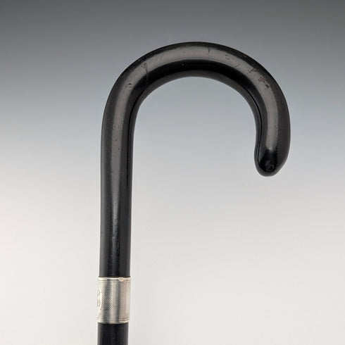 1937 British Vintage Gentleman's Bent Handle Sterling Silver Decorated Walking Stick 93cm Kendall & Sons